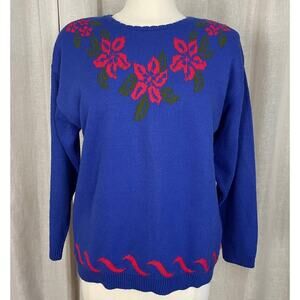 Vintage Sweater Womens Size Medium Blue Pink Floral Knit Crewneck Grandma 80s